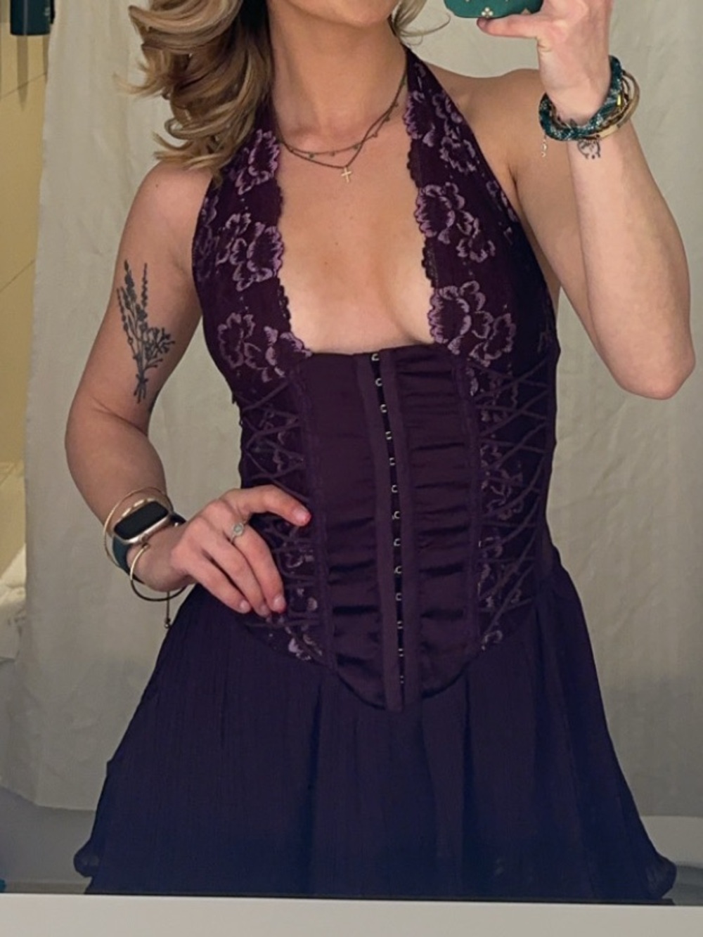 Plunging Halter Lace Corset Mini Dress in Deep Plum